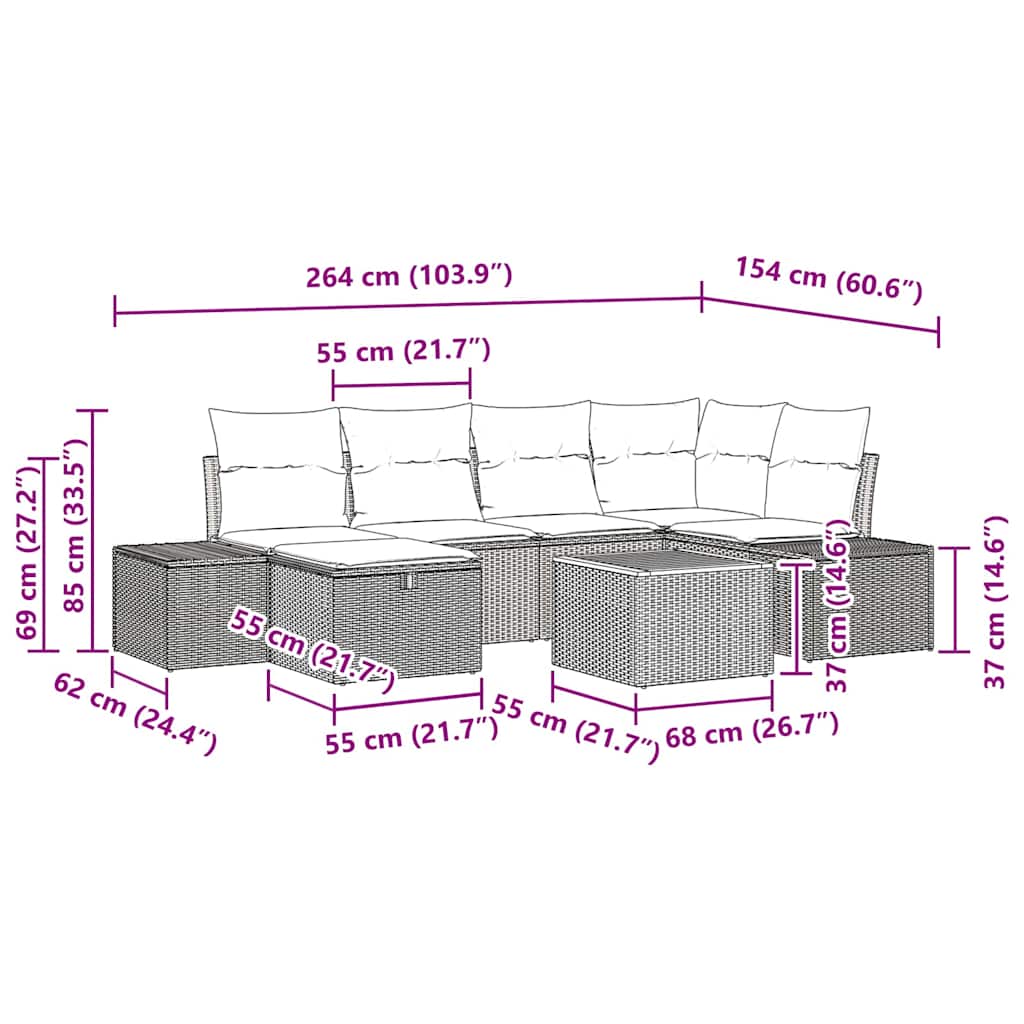 Garten-Sofa-Set mit Kissen 7 pcs Schwarz Poly Rattan